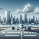 Avión moderno en pista con fondo de ciudad y cielo despejado, ambiente corporativo y tecnológico.