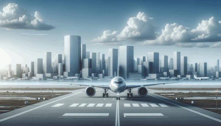 Avión moderno en pista con fondo de ciudad y cielo despejado, ambiente corporativo y tecnológico.