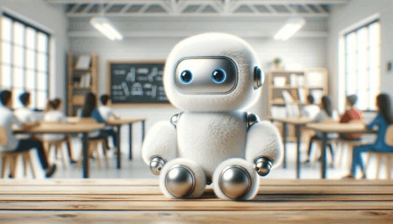 Primer plano de un robot blanco y esponjoso sobre una mesa de madera en un aula moderna y luminosa.