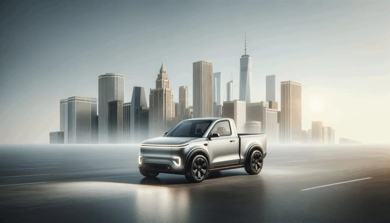 Una camioneta eléctrica compacta sobre fondo urbano, estilo minimalista, enfoque tecnológico.