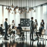 Emprendedores discutiendo en una sala de reuniones moderna con equipos tecnológicos.