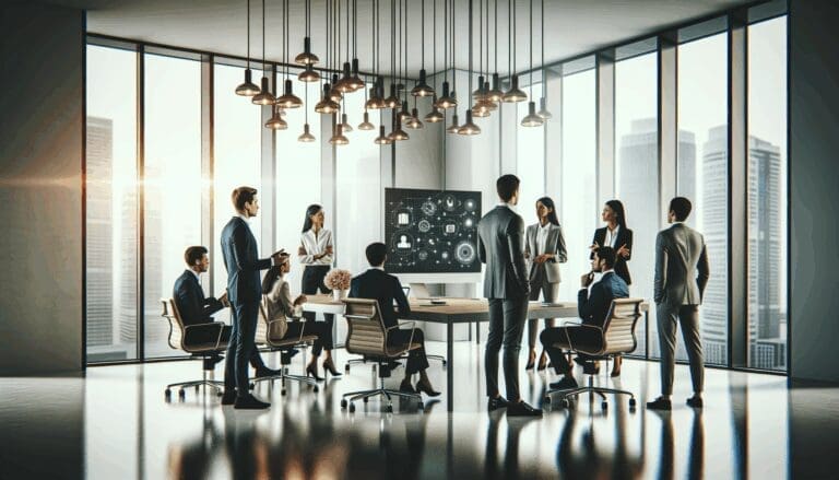 Emprendedores discutiendo en una sala de reuniones moderna con equipos tecnológicos.
