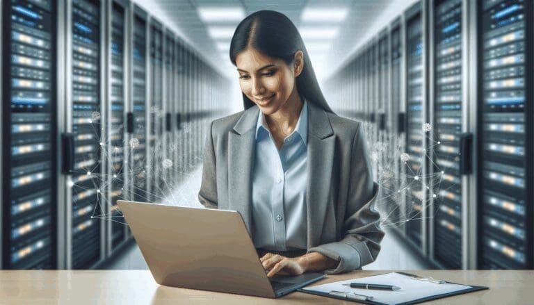 Emprendedora usando una laptop en un entorno tecnológico moderno, con fondo difuminado de servidores.