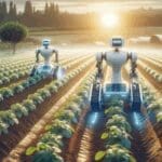 Robots agrícolas trabajando entre hileras de cultivos bajo luz natural, fondo rural y ambiente tecnológico.