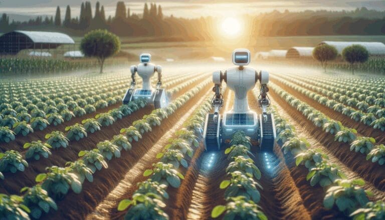 Robots agrícolas trabajando entre hileras de cultivos bajo luz natural, fondo rural y ambiente tecnológico.