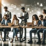 Emprendedores colaborando en un espacio de coworking moderno con laptops y pizarras digitales.