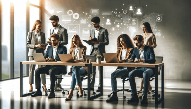 Emprendedores colaborando en un espacio de coworking moderno con laptops y pizarras digitales.