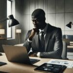 Un emprendedor reflexionando frente a una laptop, rodeado de elementos tecnológicos, en una oficina moderna y sobria.