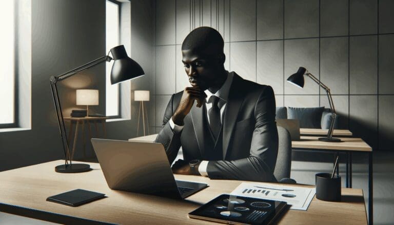 Un emprendedor reflexionando frente a una laptop, rodeado de elementos tecnológicos, en una oficina moderna y sobria.