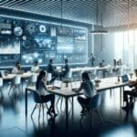 Mesa de trabajo con laptops modernas, gráficos digitales y emprendedores colaborando en un entorno luminoso.