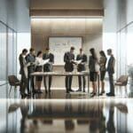 Oficina moderna con equipo directivo reunido analizando documentos financieros.