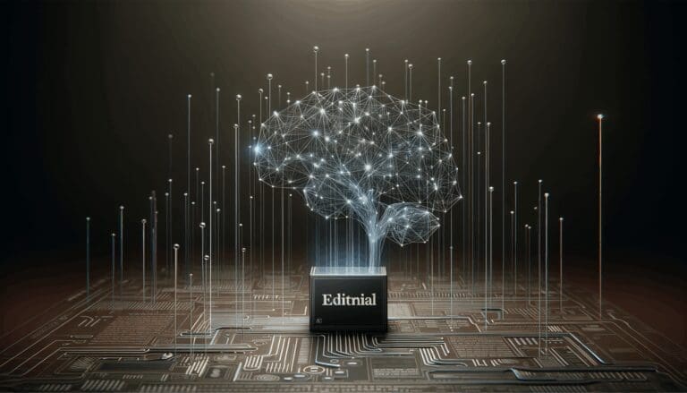 Gráfico conceptual de redes neuronales y conexiones digitales sobre fondo oscuro, estilo minimalista y tecnológico.