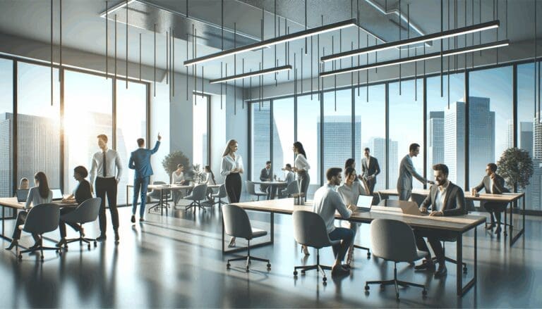 Espacio de coworking moderno con personas colaborando en un entorno flexible.