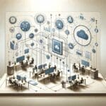 Ilustración minimalista de equipos tecnológicos y datos digitales conectados en un entorno empresarial moderno.