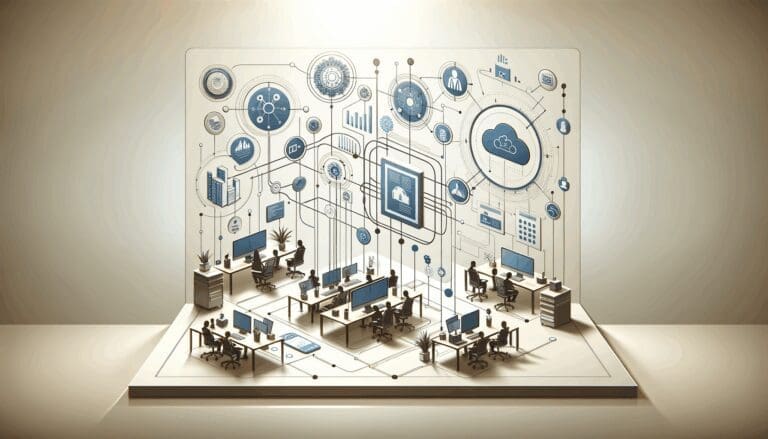 Ilustración minimalista de equipos tecnológicos y datos digitales conectados en un entorno empresarial moderno.