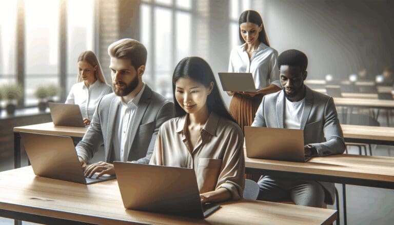 Grupo diverso de emprendedores trabajando en laptops en un moderno coworking tecnológico.