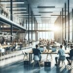 Espacio moderno de coworking con emprendedores colaborando alrededor de mesas, luz natural y ambiente tecnológico.