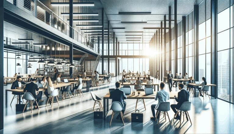 Espacio moderno de coworking con emprendedores colaborando alrededor de mesas, luz natural y ambiente tecnológico.