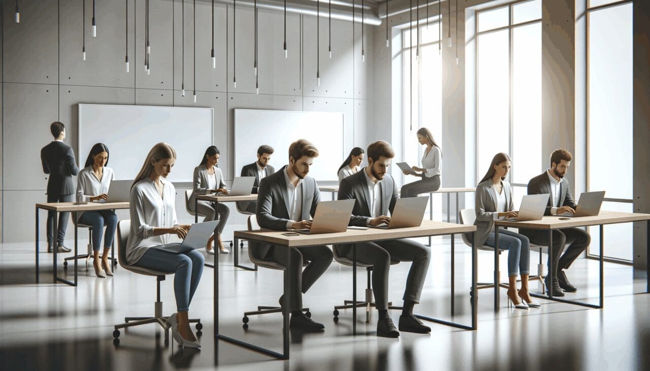 Personas colaborando en un espacio de coworking moderno, con laptops y pizarras.