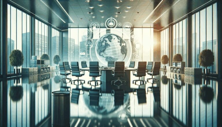 Ejecutivo en sala de reuniones moderna, fondo de oficinas tecnológicas, ambiente de movilidad sostenible.