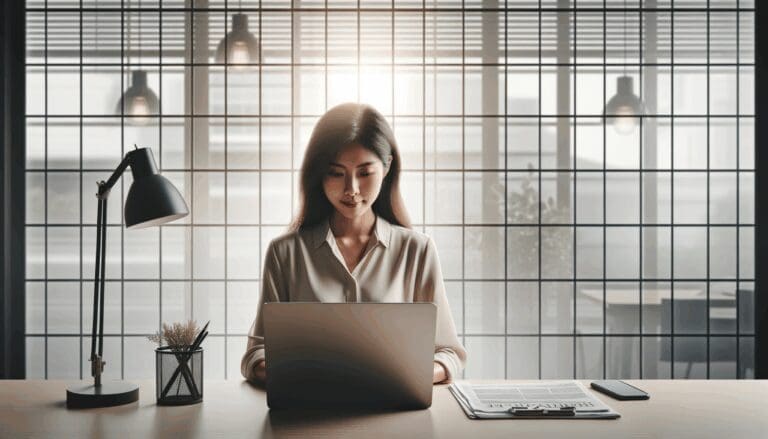 Una persona trabajando en una laptop tras una ventana enrejada, ambientada en un espacio sobrio, con luz natural.