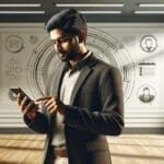 Persona revisando una app en smartphone en una habitación tranquila, con fondo tecnológico minimalista.