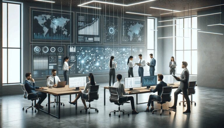 Oficina moderna con equipos colaborando frente a grandes pantallas de datos y circuitos digitales.