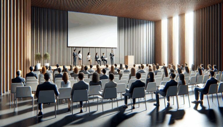 Auditorio moderno con jóvenes profesionales presentando proyectos frente a un jurado atento.