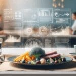 Plato de comida en un entorno de restaurante, acompañado de gráficos digitales sobre análisis de datos y tecnología.