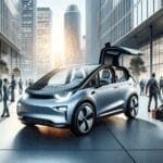 Primer plano de un vehículo eléctrico en una ciudad moderna, con personas trabajando alrededor.