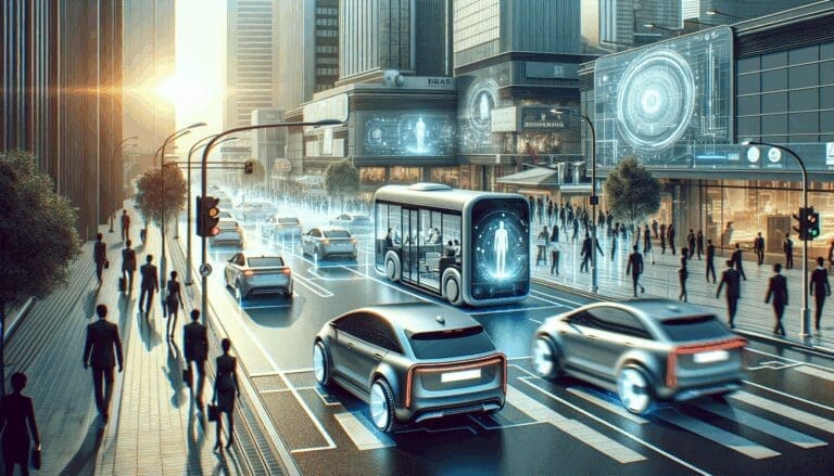 Fotografía conceptual de autos compartidos en una zona urbana, con ambiente tecnológico y personas interactuando en el entorno.
