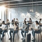 Grupo de jóvenes emprendedores en un espacio de coworking moderno con computadores portátiles y pizarras.