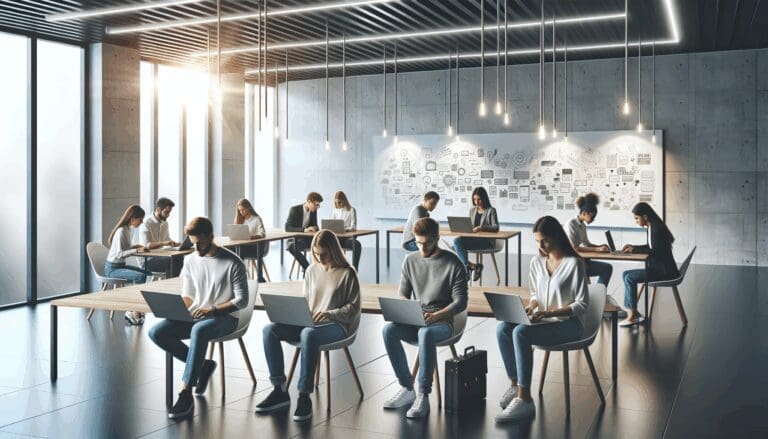 Grupo de jóvenes emprendedores en un espacio de coworking moderno con computadores portátiles y pizarras.