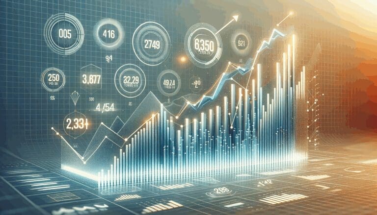 Gráfica de tendencias financieras con cifras digitales y gráficos ascendentes.