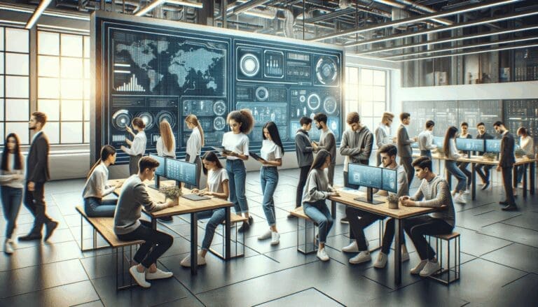 Estudiantes colaborando en un laboratorio moderno con pizarras digitales y dispositivos tecnológicos.