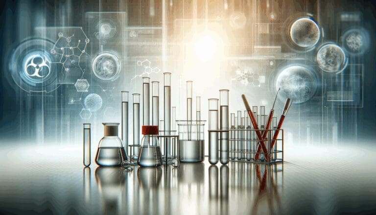Laboratorio moderno con probetas y materiales químicos en primer plano, fondo tecnológico desenfocado.
