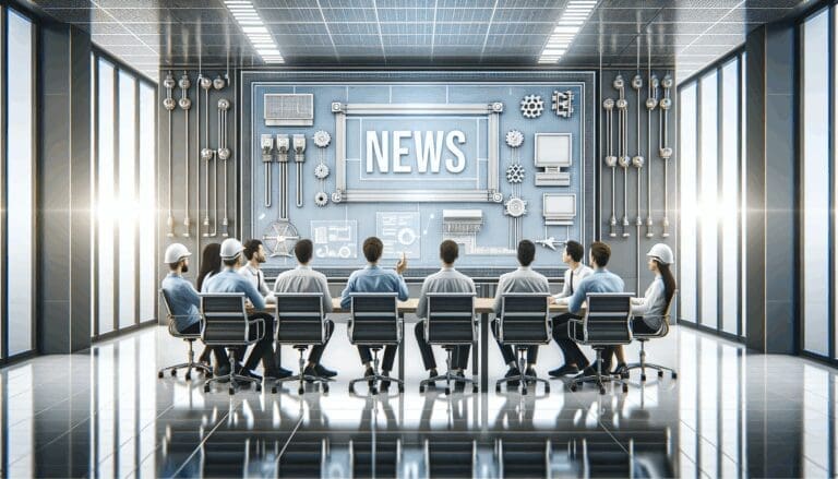 Un grupo de ingenieros discutiendo en una sala de conferencias moderna con pantallas y equipos avanzados.