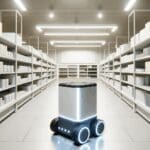 Robot móvil recorriendo pasillos de una tienda moderna, luces brillantes y estanterías ordenadas.