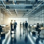 Fotografía editorial de una incubadora tecnológica, con emprendedores colaborando en un espacio moderno y luminoso.