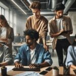 Fotografía de un grupo diverso de jóvenes profesionales colaborando en un espacio de coworking moderno, rodeados de computadoras y elementos tecnológicos.