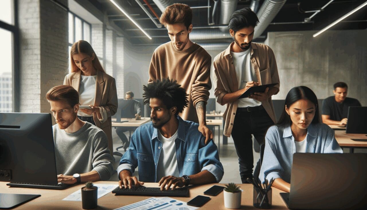 Fotografía de un grupo diverso de jóvenes profesionales colaborando en un espacio de coworking moderno, rodeados de computadoras y elementos tecnológicos.