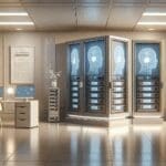 Ilustración de una startup tecnológica con servidores y pantallas de inteligencia artificial en un espacio moderno, ambiente profesional y neutro.