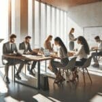 Grupo diverso de emprendedores analizando gráficos y laptops en una oficina moderna y luminosa