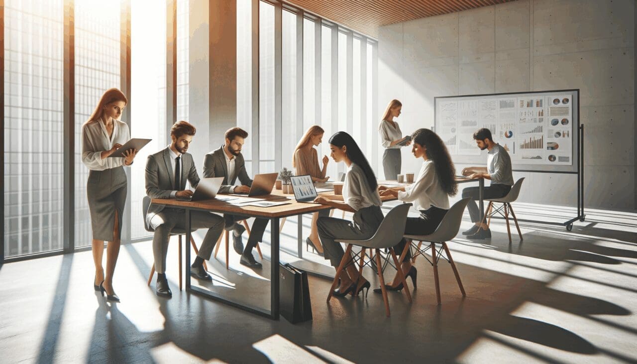Grupo diverso de emprendedores analizando gráficos y laptops en una oficina moderna y luminosa