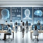 Desarrolladores trabajando con pantallas que muestran modelos de inteligencia artificial y datos en un entorno moderno y luminoso.