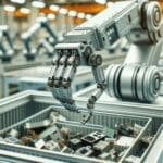 Primer plano de un brazo robótico clasificando residuos electrónicos en una planta tecnológica