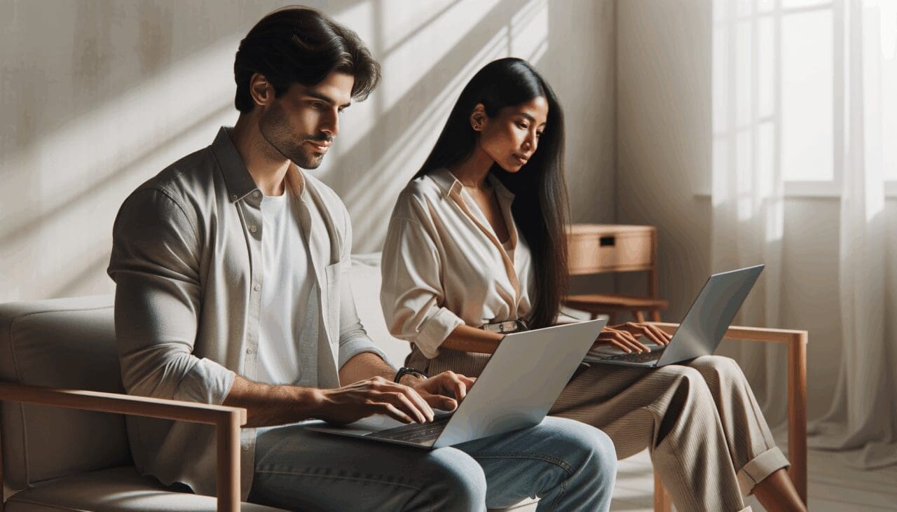 Jóvenes profesionales trabajando desde laptops en casa, ambiente moderno minimalista, luz natural.