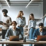 Grupo diverso de emprendedores reunidos en un moderno espacio de coworking con laptops y pizarras digitales.