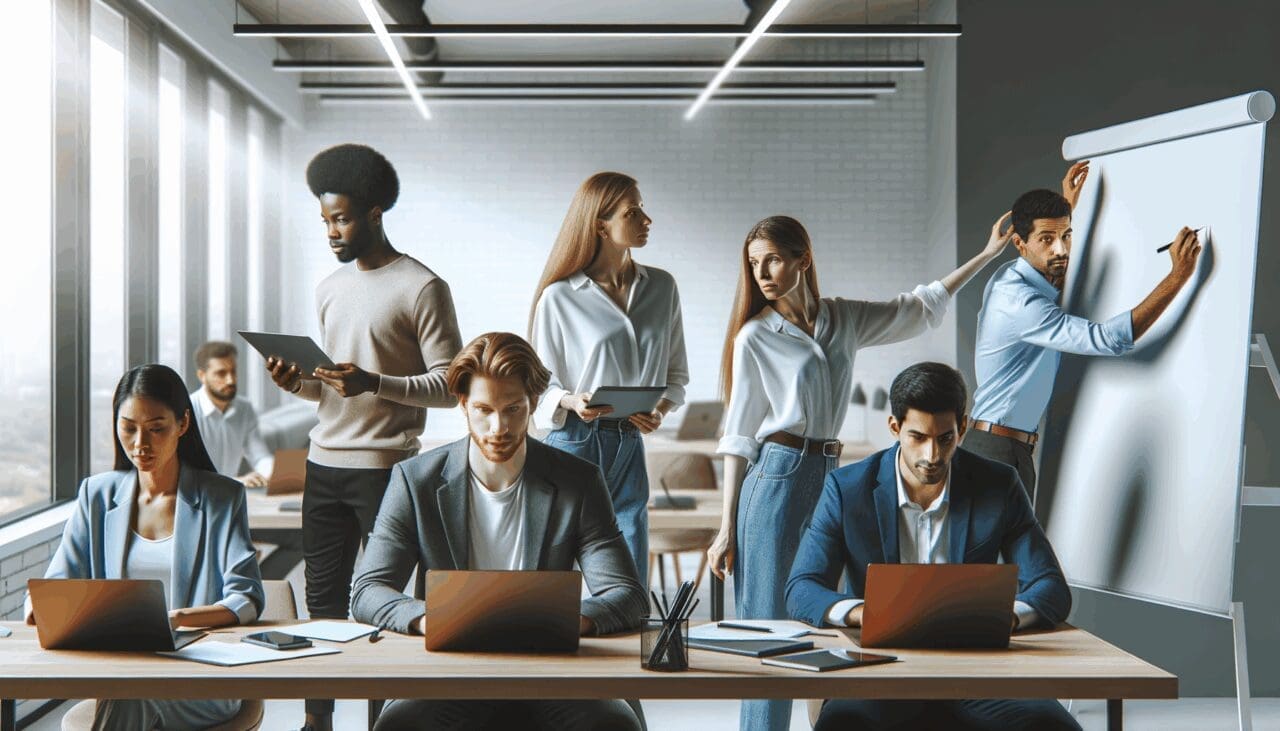 Grupo diverso de emprendedores reunidos en un moderno espacio de coworking con laptops y pizarras digitales.