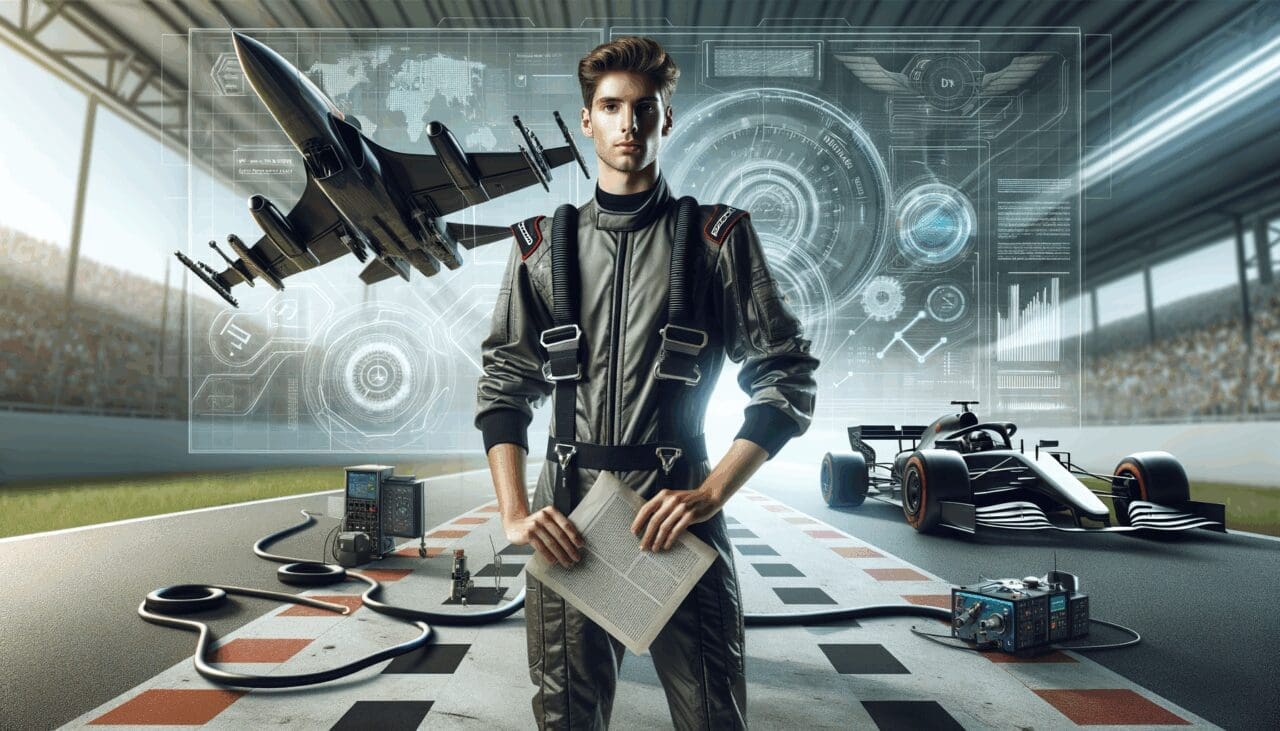 Piloto joven en un box de carreras, tecnología y automovilismo de fondo, ambiente dinámico y moderno.